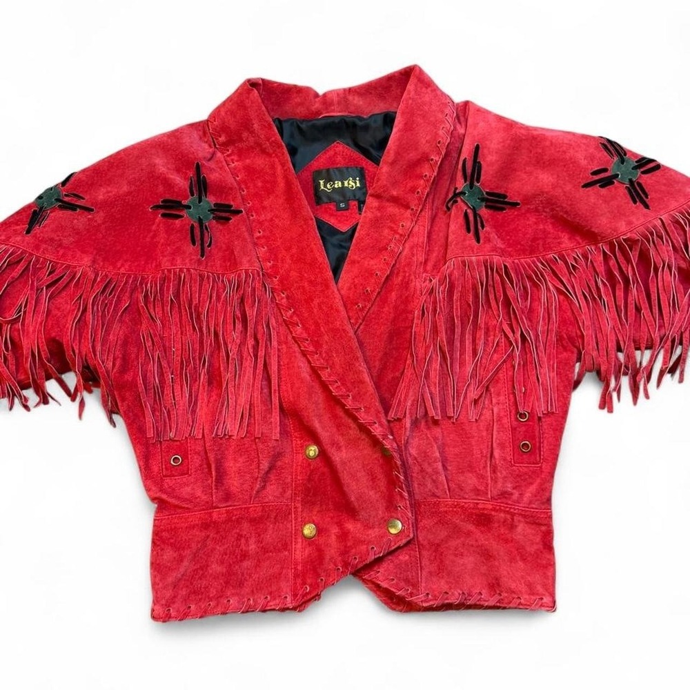 Vintage red leather fringe western cowgirl boho rodeo jacket size small